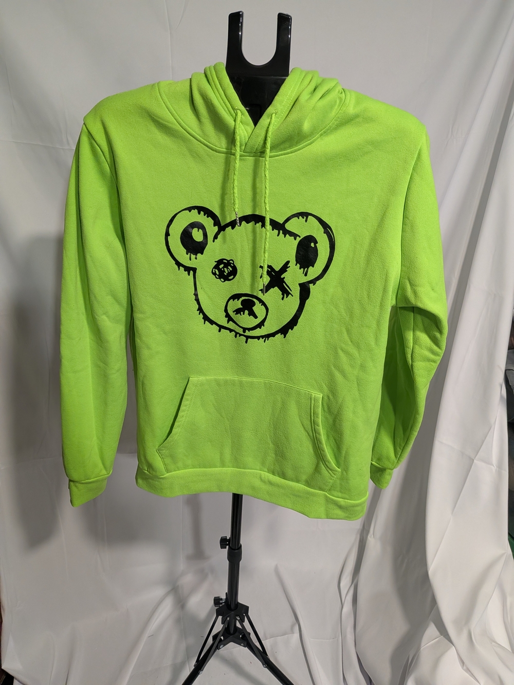 Neon Green Mens Hoodie with Graphic Bear Print